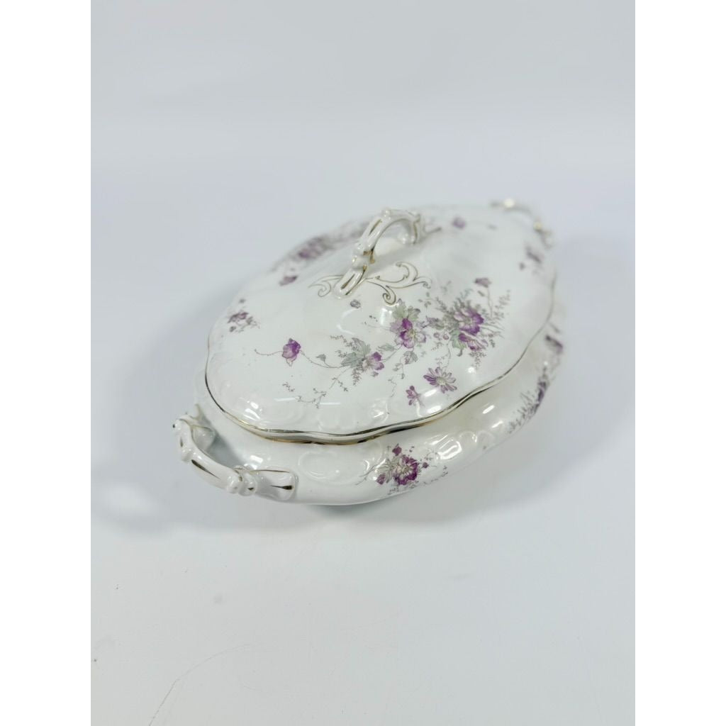 Limoges Floral Soup Tureen LS&S Carlsbad Austria Bone Purple Flowers Serving Pieces Replacement China Antique Hostess Collectible Gold Trim