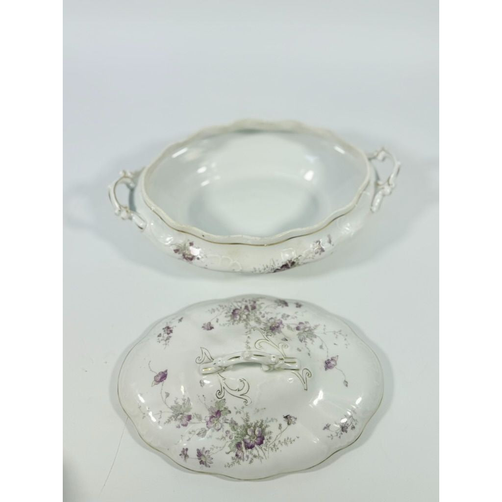Limoges Floral Soup Tureen LS&S Carlsbad Austria Bone Purple Flowers Serving Pieces Replacement China Antique Hostess Collectible Gold Trim