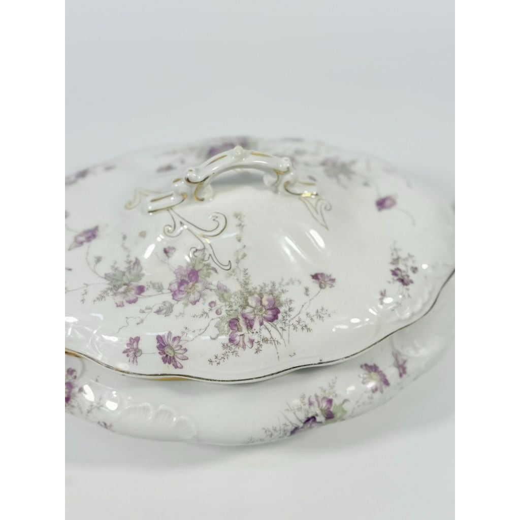 Limoges Floral Soup Tureen LS&S Carlsbad Austria Bone Purple Flowers Serving Pieces Replacement China Antique Hostess Collectible Gold Trim
