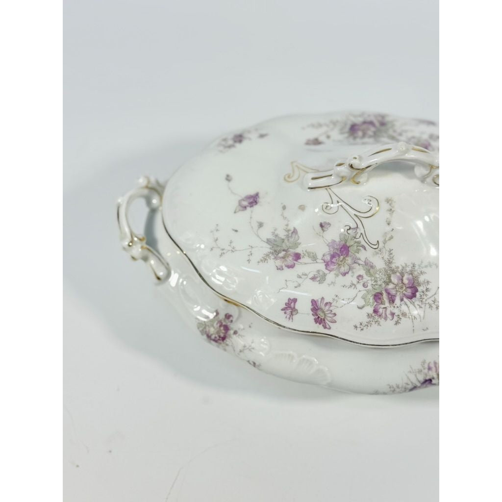 Limoges Floral Soup Tureen LS&S Carlsbad Austria Bone Purple Flowers Serving Pieces Replacement China Antique Hostess Collectible Gold Trim