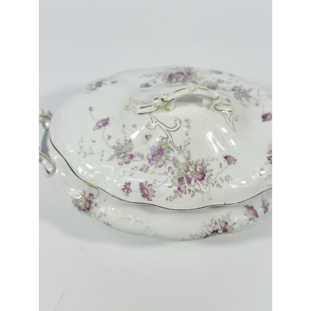 Limoges Floral Soup Tureen LS&S Carlsbad Austria Bone Purple Flowers Serving Pieces Replacement China Antique Hostess Collectible Gold Trim