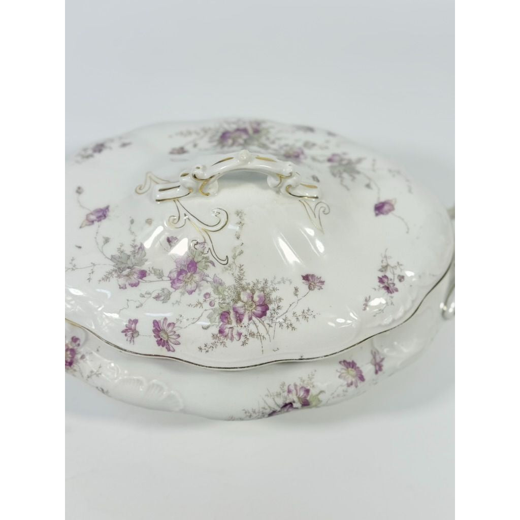 Limoges Floral Soup Tureen LS&S Carlsbad Austria Bone Purple Flowers Serving Pieces Replacement China Antique Hostess Collectible Gold Trim