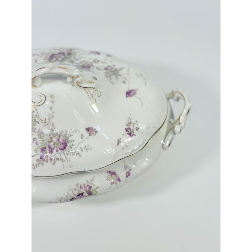 Limoges Floral Soup Tureen LS&S Carlsbad Austria Bone Purple Flowers Serving Pieces Replacement China Antique Hostess Collectible Gold Trim