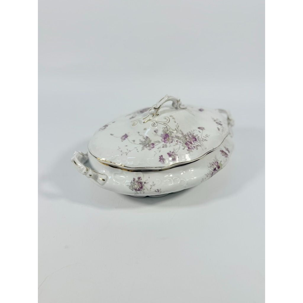 Limoges Floral Soup Tureen LS&S Carlsbad Austria Bone Purple Flowers Serving Pieces Replacement China Antique Hostess Collectible Gold Trim