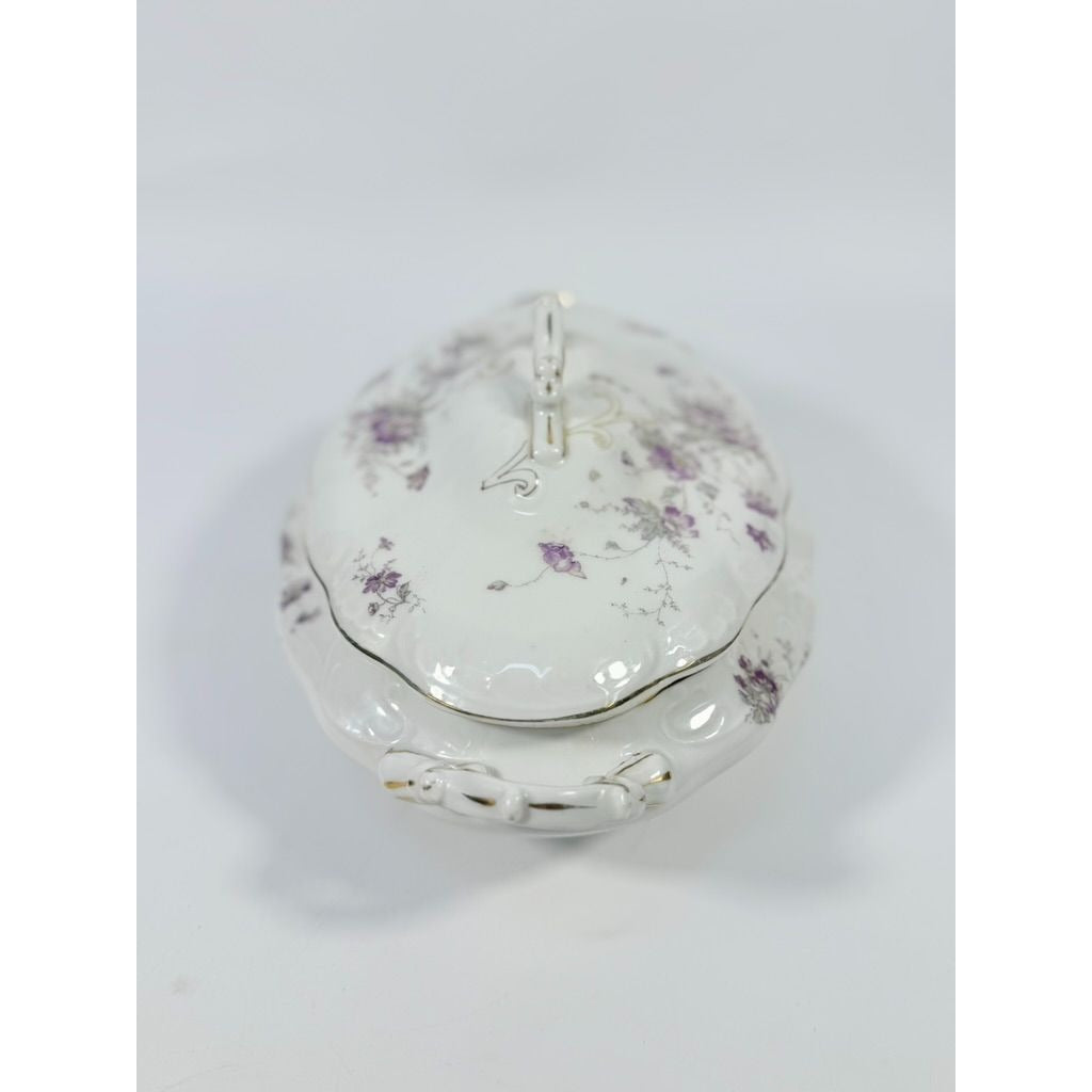 Limoges Floral Soup Tureen LS&S Carlsbad Austria Bone Purple Flowers Serving Pieces Replacement China Antique Hostess Collectible Gold Trim