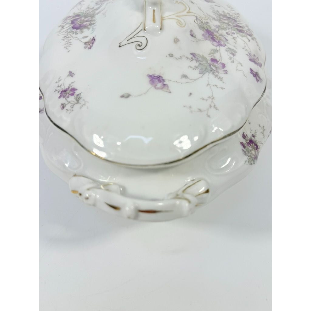 Limoges Floral Soup Tureen LS&S Carlsbad Austria Bone Purple Flowers Serving Pieces Replacement China Antique Hostess Collectible Gold Trim