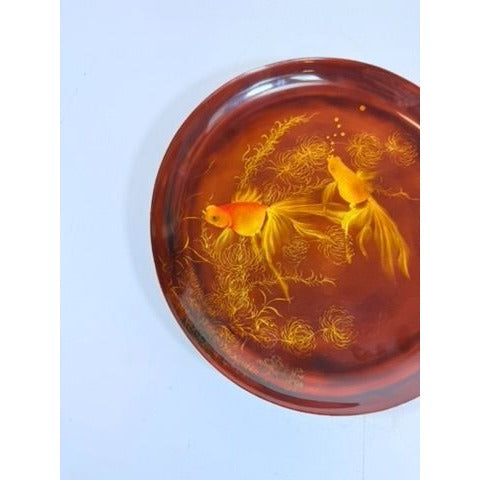 Gallery Wall Plate Lacquerware Than Le Koi Fish Floral Vintage Asian Vietnamese Lacquer Hand Painted Home Decor Decorative Accents