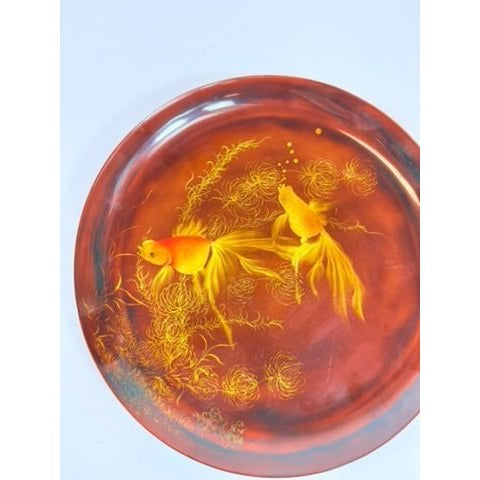 Gallery Wall Plate Lacquerware Than Le Koi Fish Floral Vintage Asian Vietnamese Lacquer Hand Painted Home Decor Decorative Accents