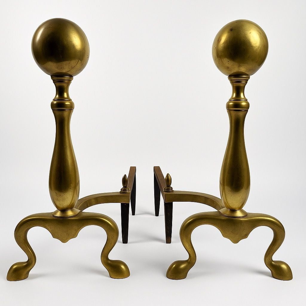 Brass Cast Iron Andiron Set Pair 2 | Cannonball Antique vintage Victorian | Fireplace Tools Fire Dogs Holder Traditional Classic Home Decor