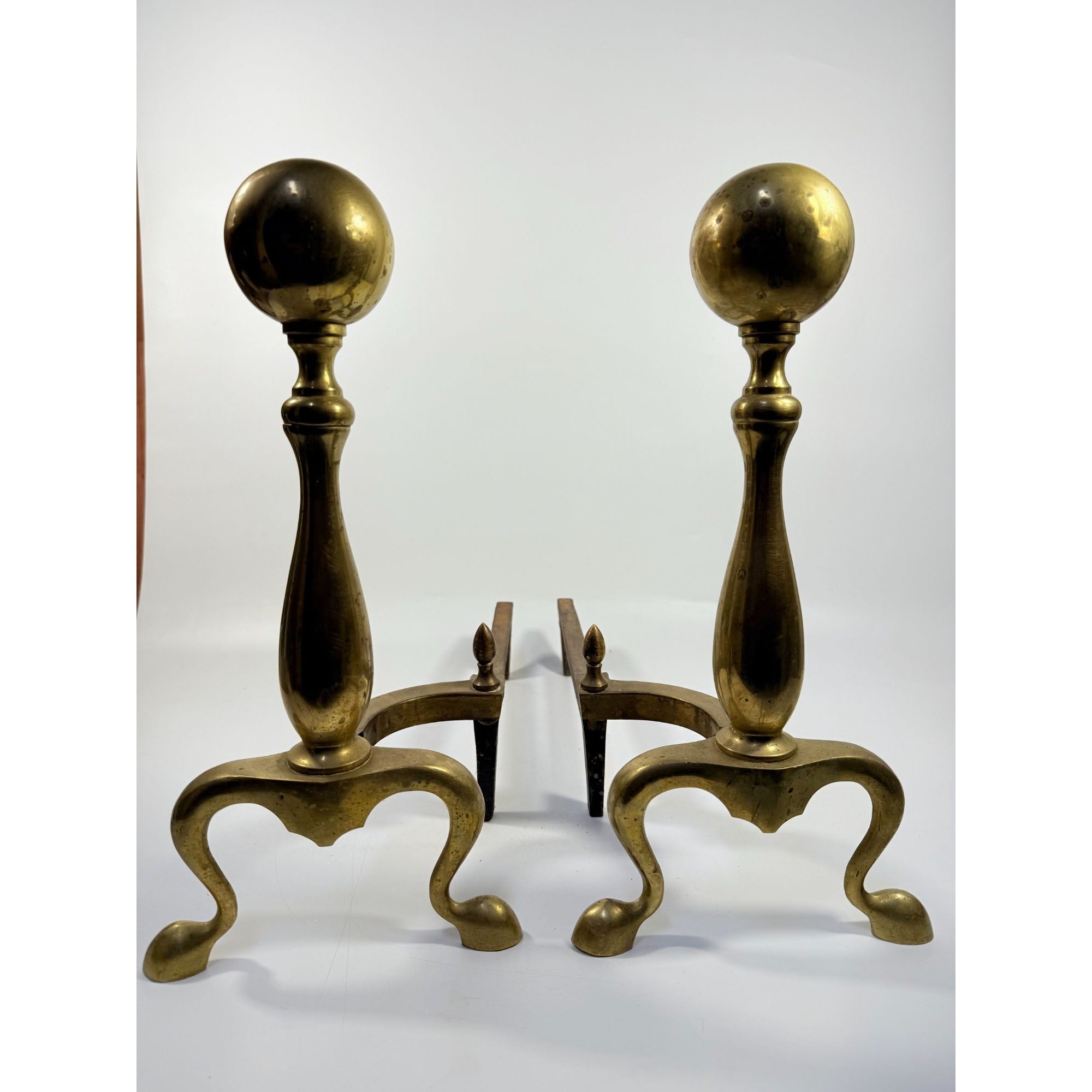 Brass Cast Iron Andiron Set Pair 2 | Cannonball Antique vintage Victorian | Fireplace Tools Fire Dogs Holder Traditional Classic Home Decor
