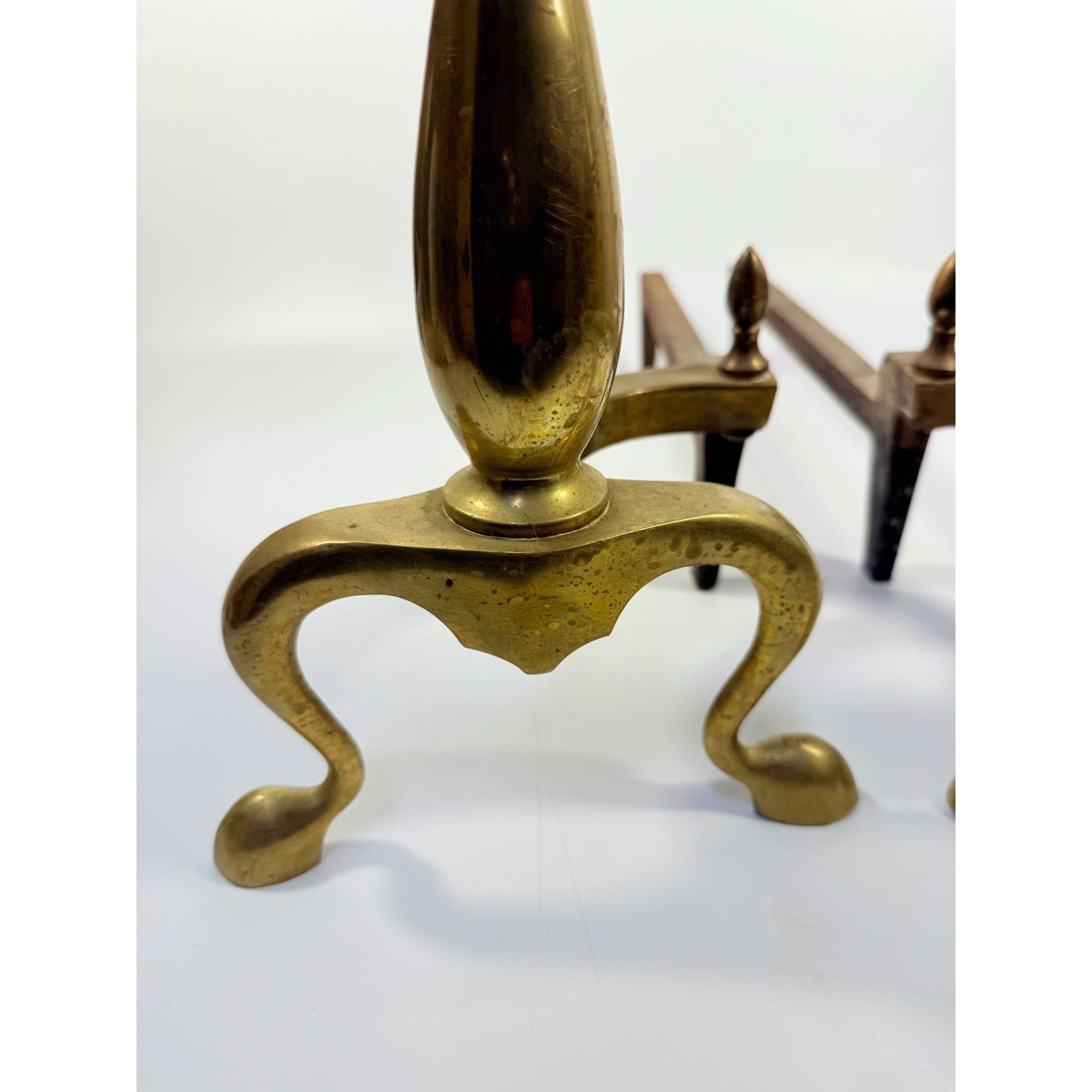 Brass Cast Iron Andiron Set Pair 2 | Cannonball Antique vintage Victorian | Fireplace Tools Fire Dogs Holder Traditional Classic Home Decor