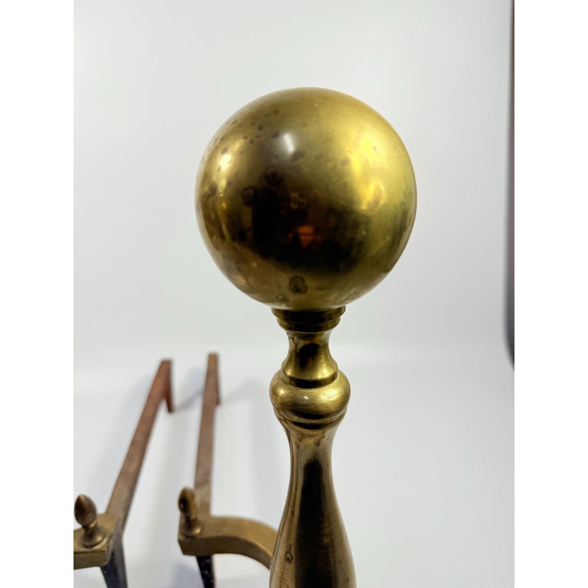 Brass Cast Iron Andiron Set Pair 2 | Cannonball Antique vintage Victorian | Fireplace Tools Fire Dogs Holder Traditional Classic Home Decor
