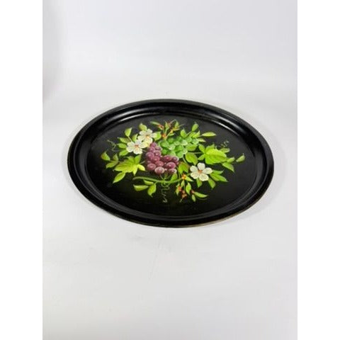 Toleware Oval Serving Tray Floral Grapes Tole Black Hand Painted Pilgrim Art Large Vintage Gallery Wall Unique Art Flowers Platter