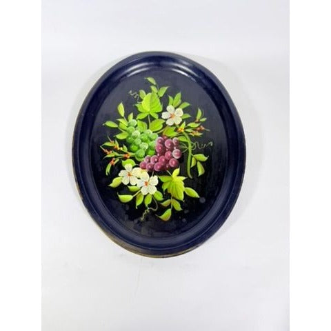 Toleware Oval Serving Tray Floral Grapes Tole Black Hand Painted Pilgrim Art Large Vintage Gallery Wall Unique Art Flowers Platter