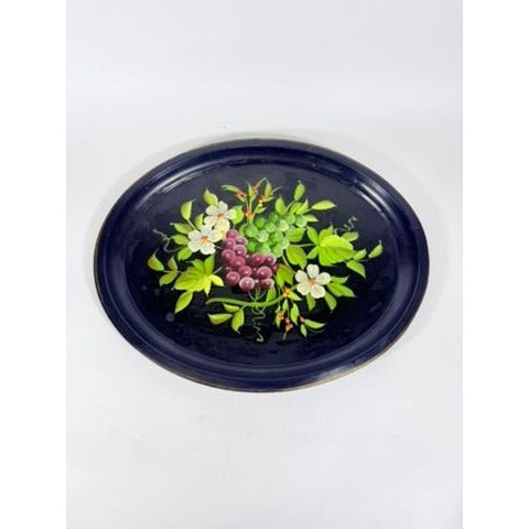 Toleware Oval Serving Tray Floral Grapes Tole Black Hand Painted Pilgrim Art Large Vintage Gallery Wall Unique Art Flowers Platter