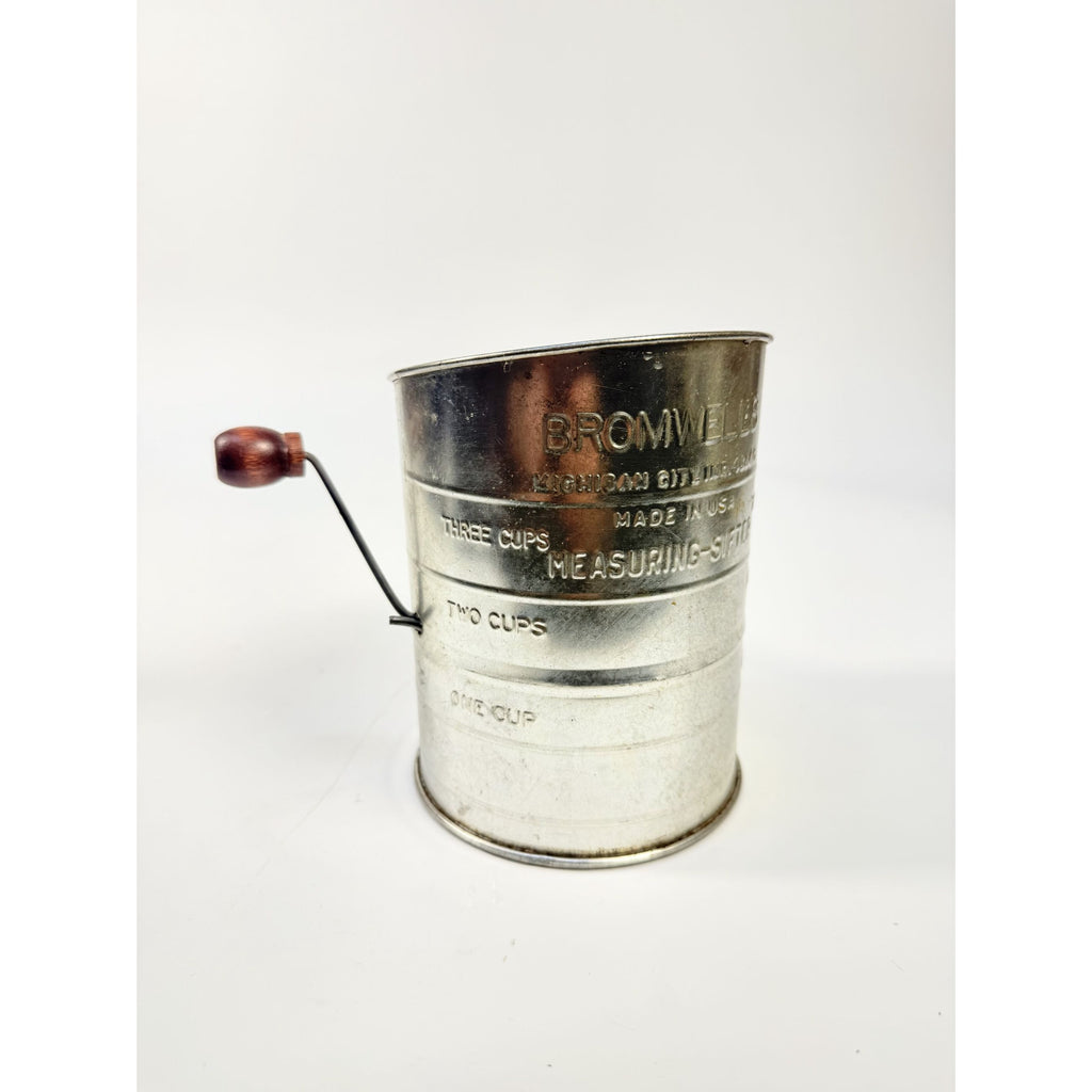 Flour Sifter Vintage Bromwell’s 3 Cup Flour Sifter USA Tin Hand Wooden Crank Mid Century Farmhouse Kitchen Tools Utensils Cooking
