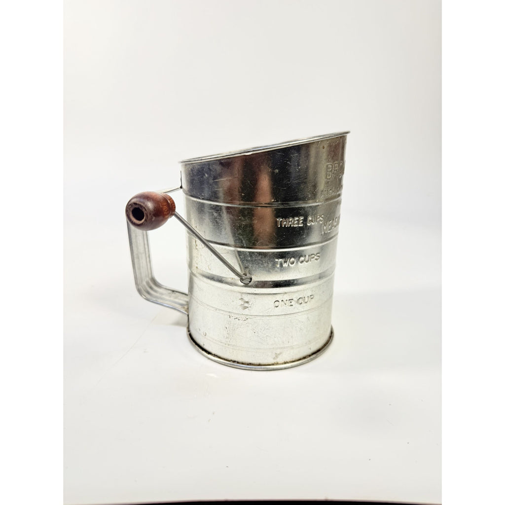 Flour Sifter Vintage Bromwell’s 3 Cup Flour Sifter USA Tin Hand Wooden Crank Mid Century Farmhouse Kitchen Tools Utensils Cooking