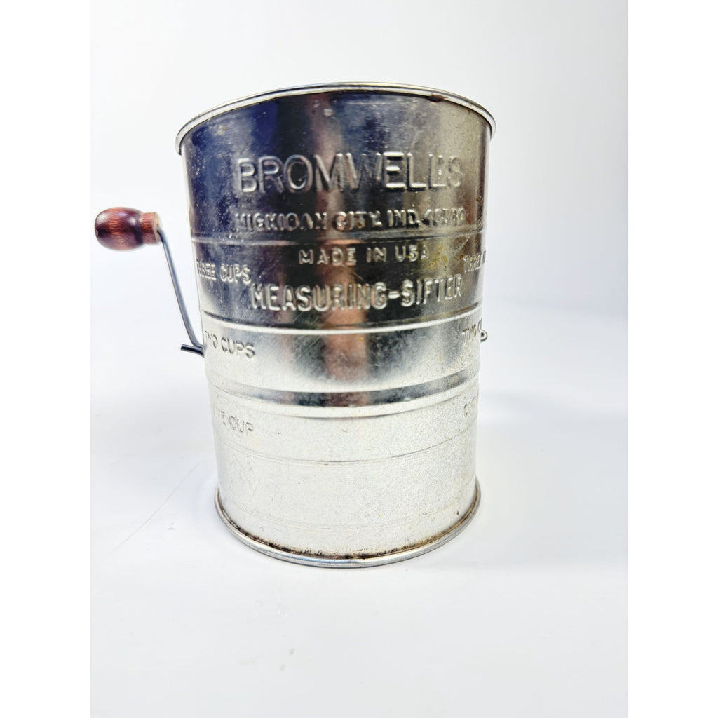 Flour Sifter Vintage Bromwell’s 3 Cup Flour Sifter USA Tin Hand Wooden Crank Mid Century Farmhouse Kitchen Tools Utensils Cooking