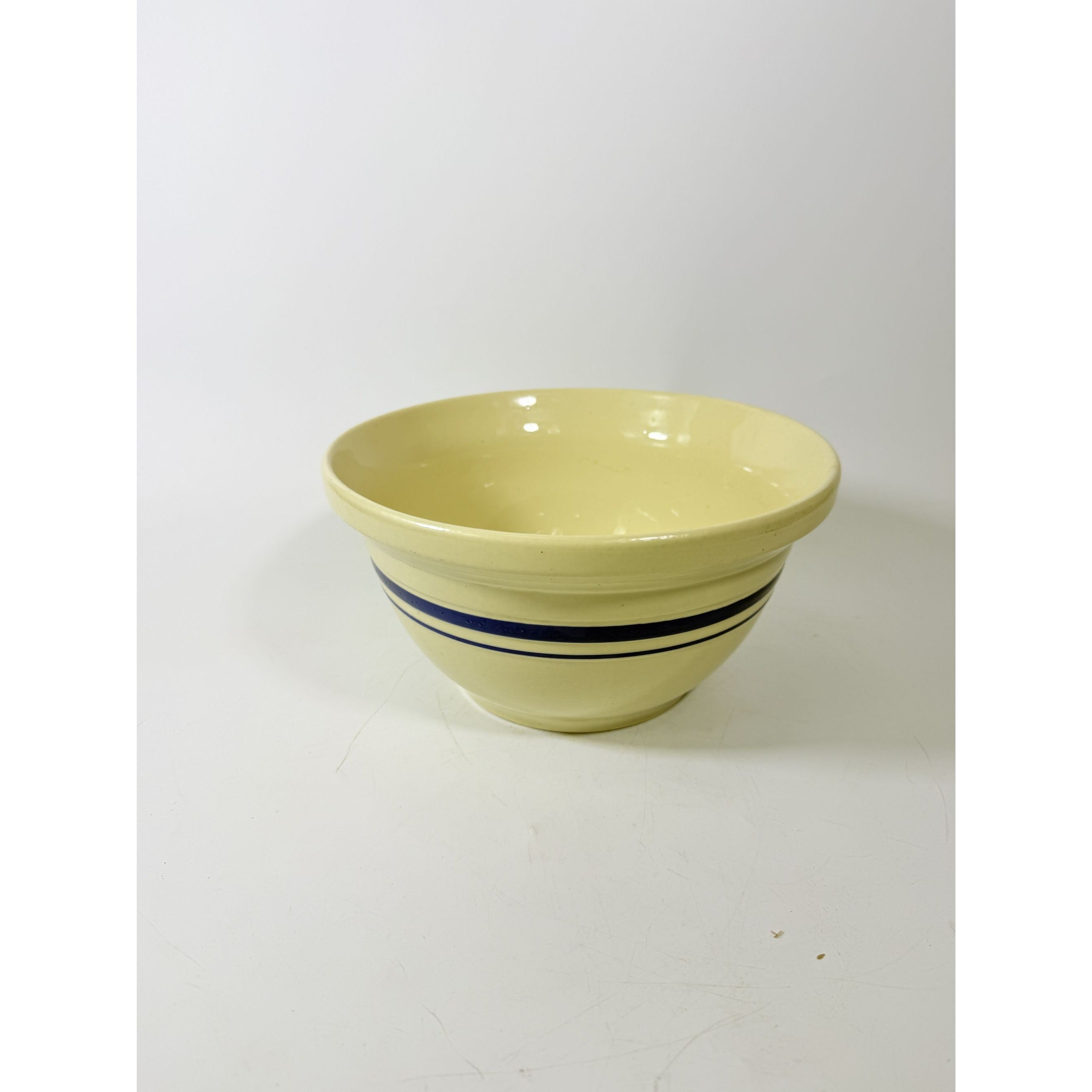Stoneware Mixing Bowl Roseville Friendship Pottery FP USA Blue Stripes 10" 4 QT Ironstone Vintage Farmhouse Primitive Cottage Granny Kitchen