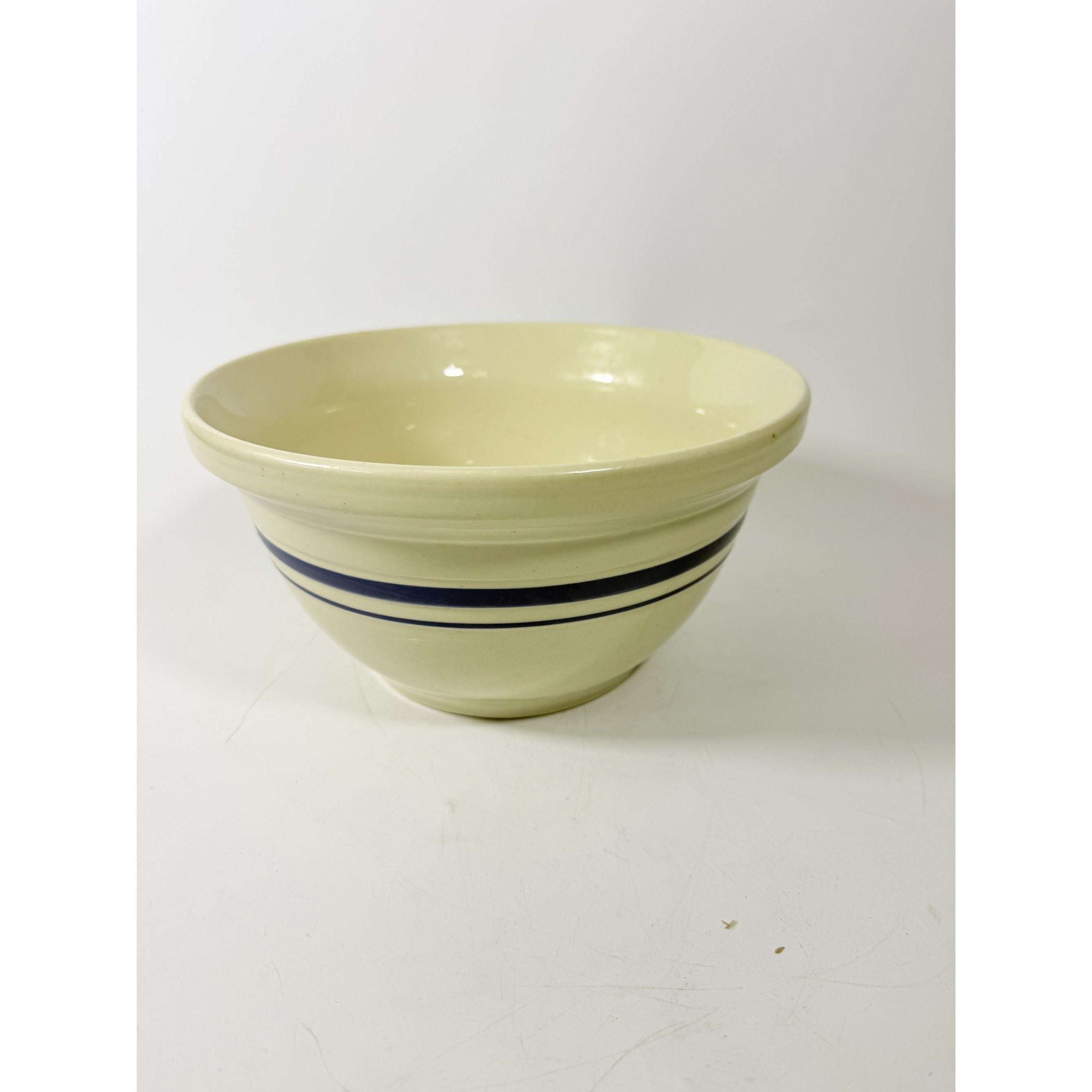 Stoneware Mixing Bowl Roseville Friendship Pottery FP USA Blue Stripes 10" 4 QT Ironstone Vintage Farmhouse Primitive Cottage Granny Kitchen