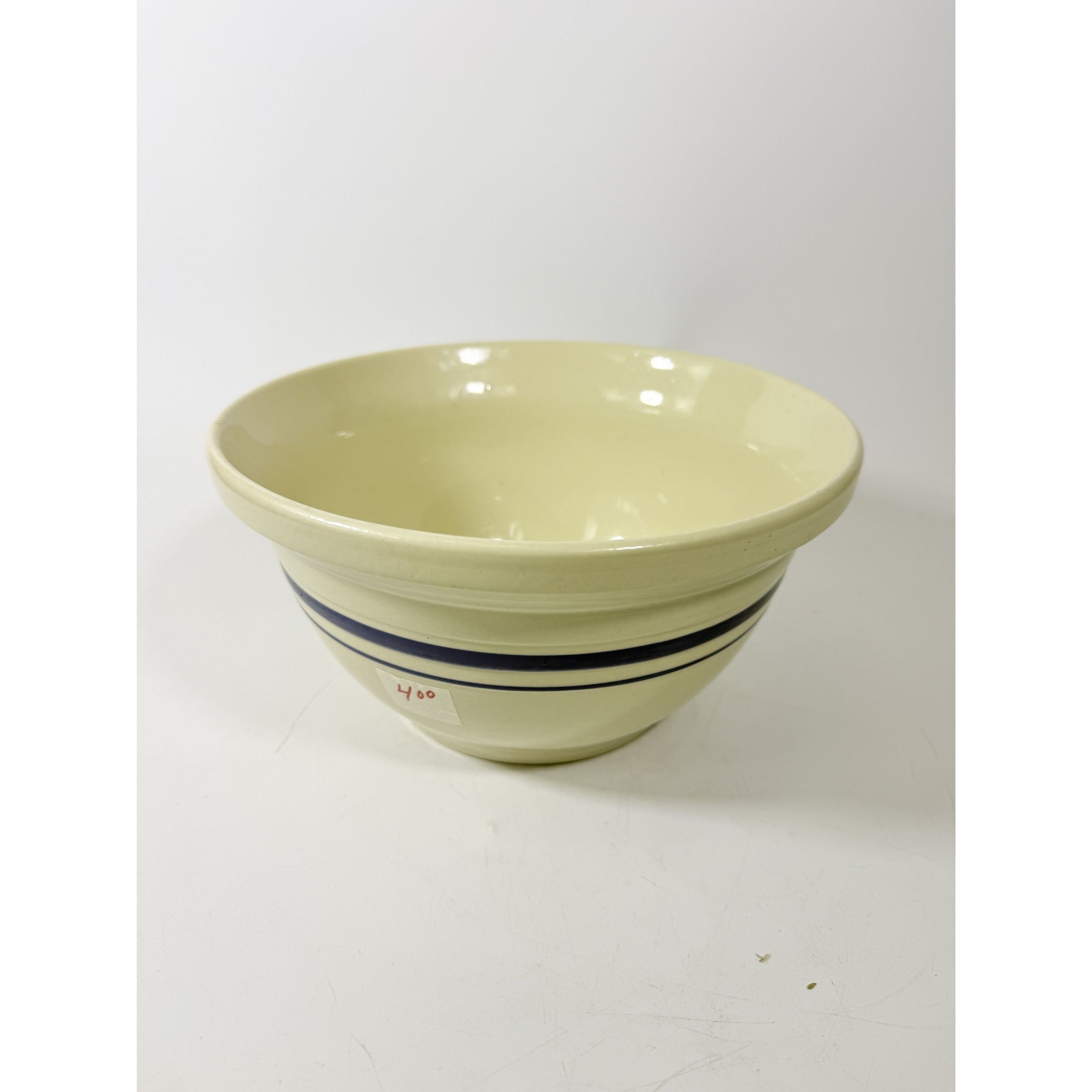 Stoneware Mixing Bowl Roseville Friendship Pottery FP USA Blue Stripes 10" 4 QT Ironstone Vintage Farmhouse Primitive Cottage Granny Kitchen