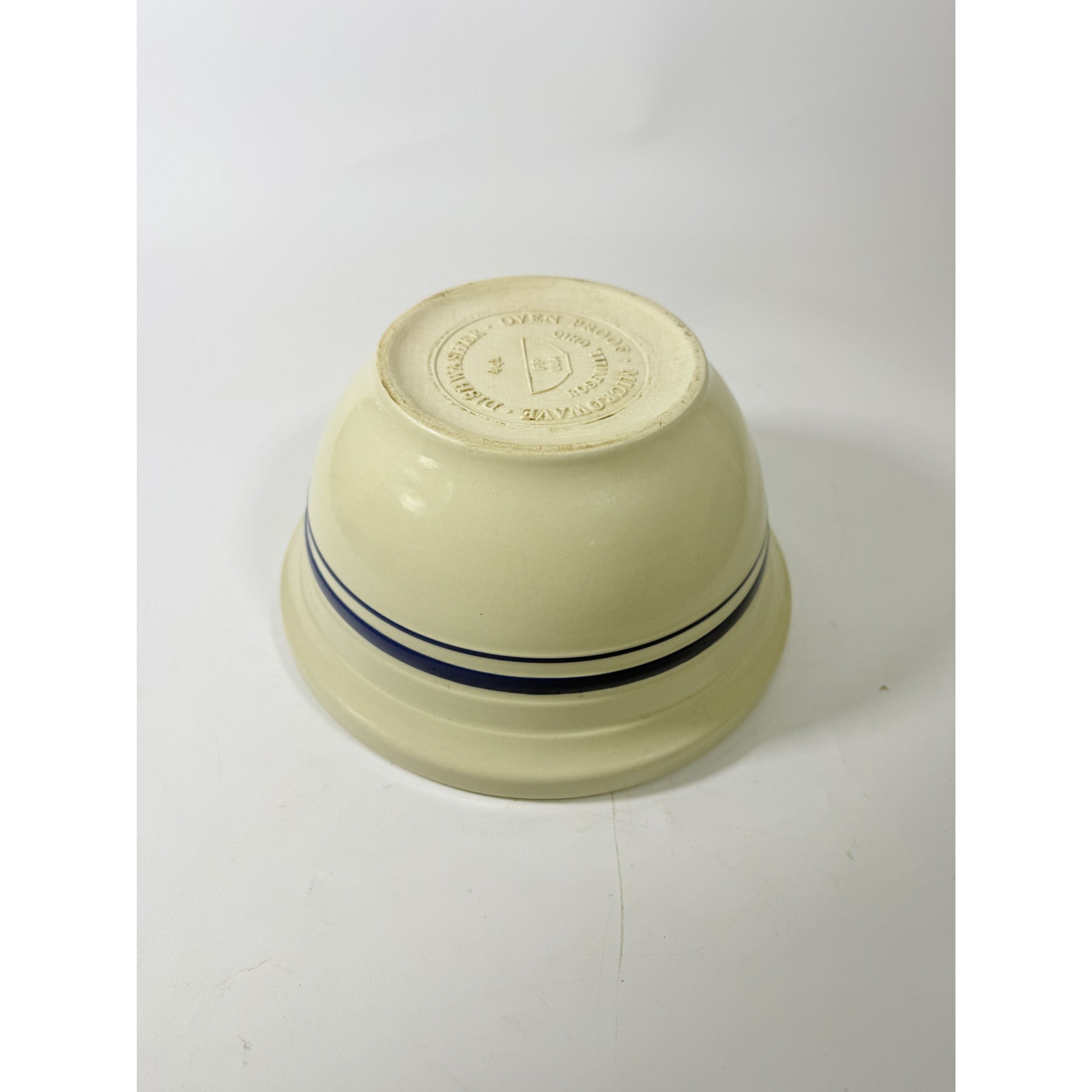 Stoneware Mixing Bowl Roseville Friendship Pottery FP USA Blue Stripes 10" 4 QT Ironstone Vintage Farmhouse Primitive Cottage Granny Kitchen