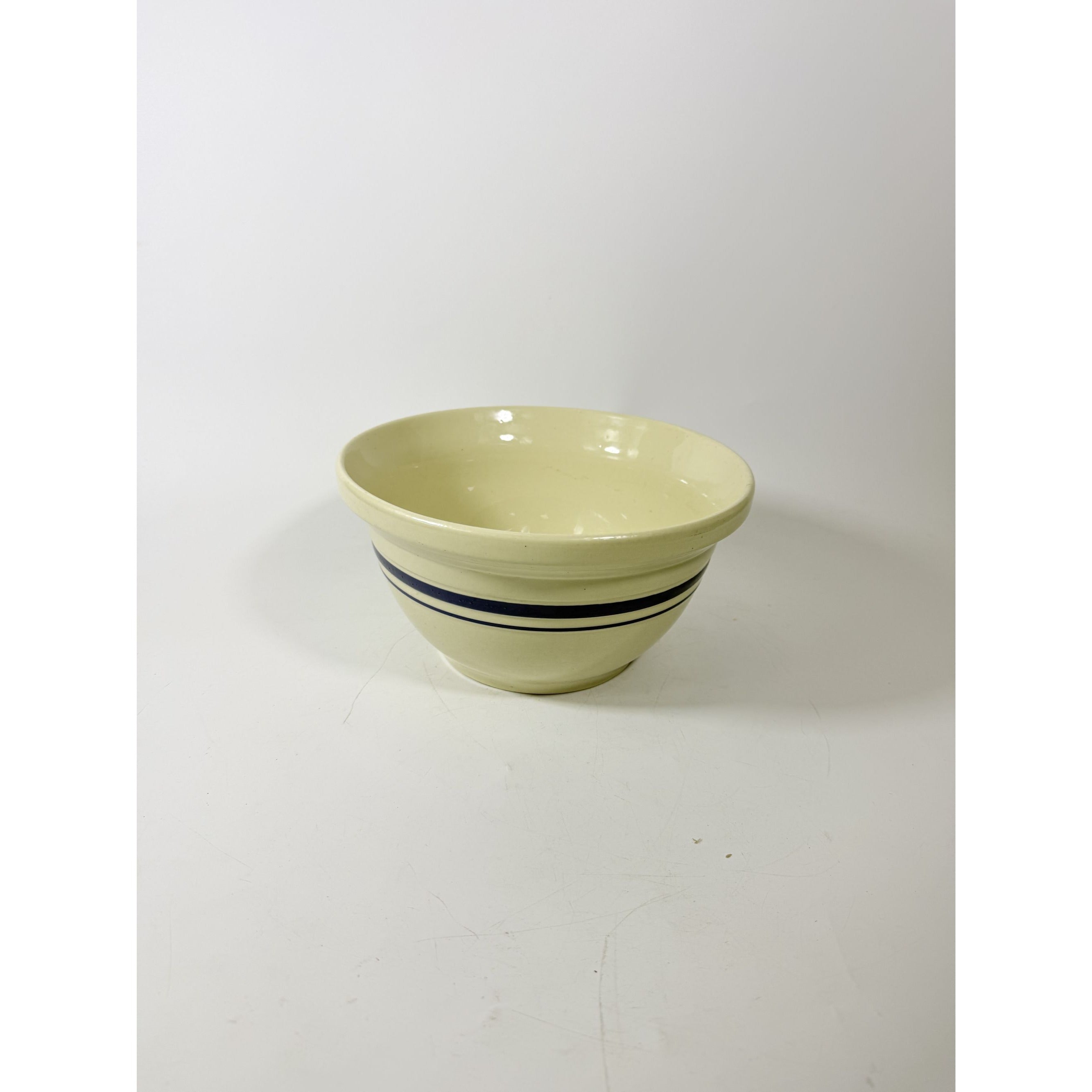 Stoneware Mixing Bowl Roseville Friendship Pottery FP USA Blue Stripes 10" 4 QT Ironstone Vintage Farmhouse Primitive Cottage Granny Kitchen