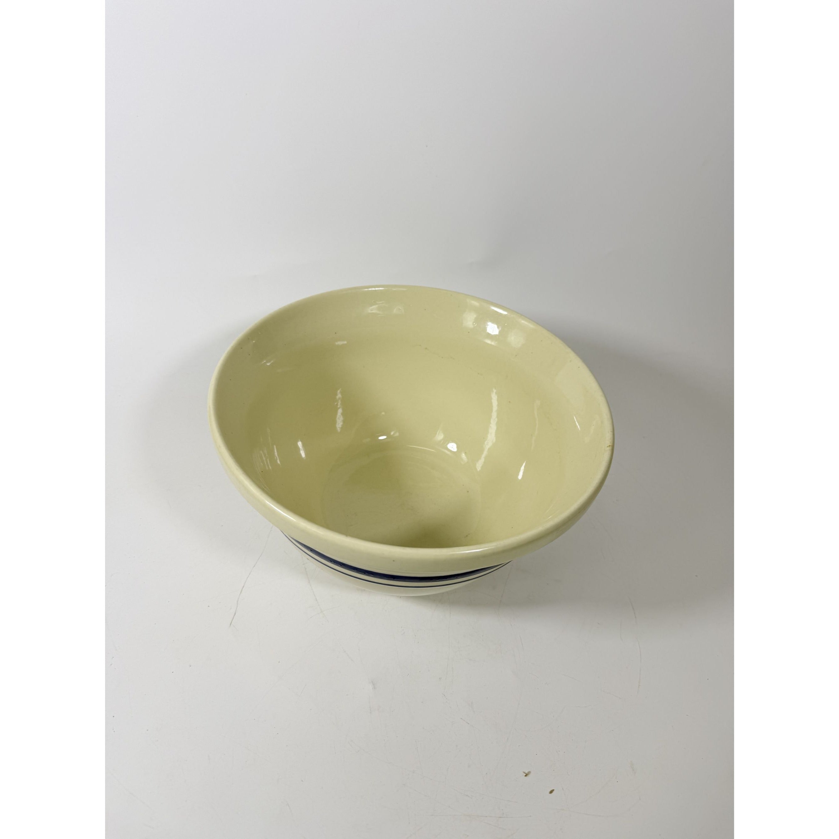 Stoneware Mixing Bowl Roseville Friendship Pottery FP USA Blue Stripes 10" 4 QT Ironstone Vintage Farmhouse Primitive Cottage Granny Kitchen