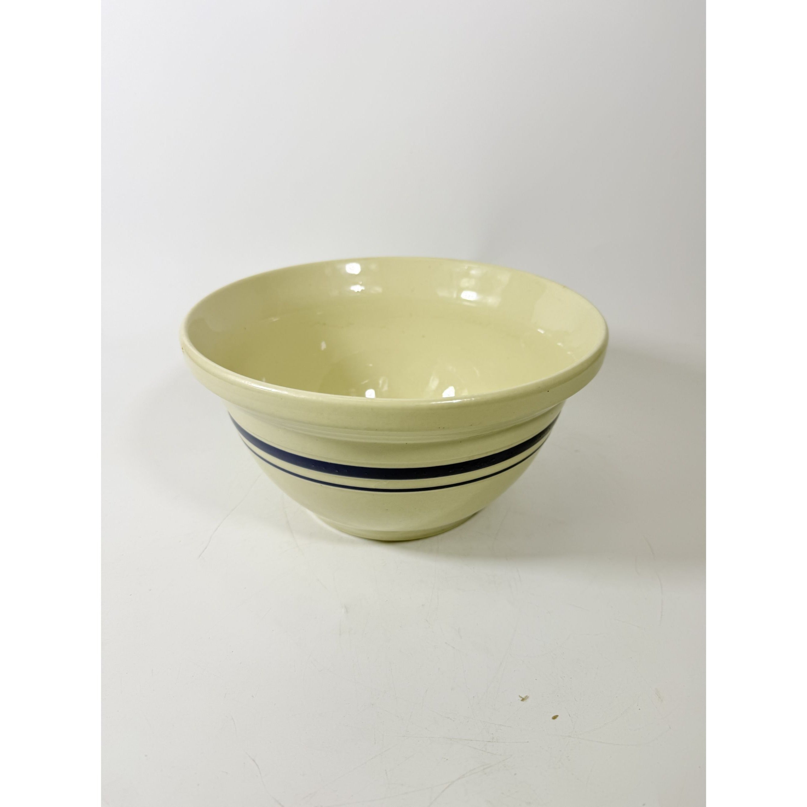 Stoneware Mixing Bowl Roseville Friendship Pottery FP USA Blue Stripes 10" 4 QT Ironstone Vintage Farmhouse Primitive Cottage Granny Kitchen