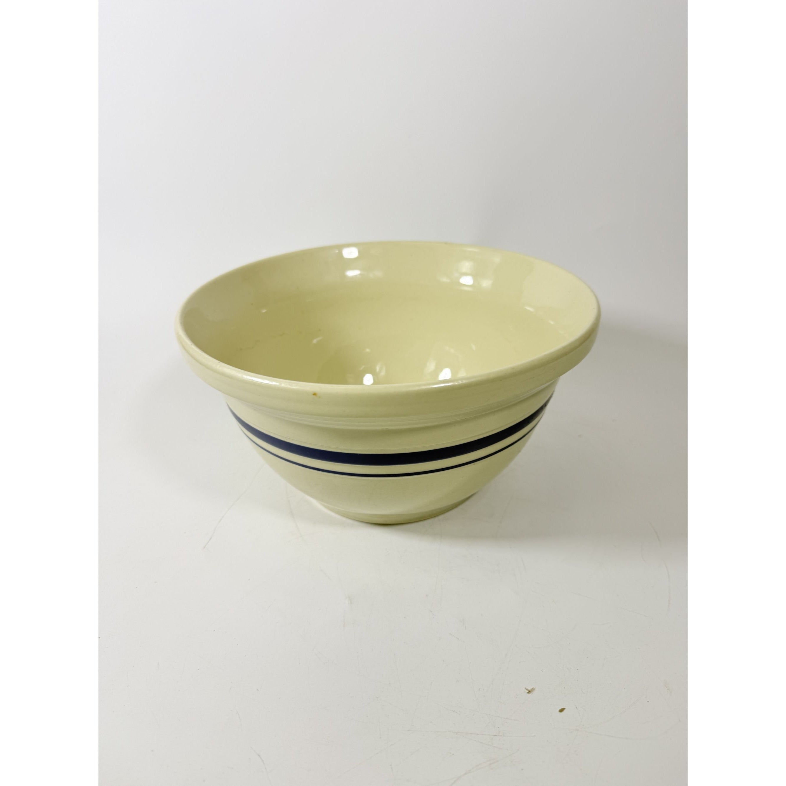 Stoneware Mixing Bowl Roseville Friendship Pottery FP USA Blue Stripes 10" 4 QT Ironstone Vintage Farmhouse Primitive Cottage Granny Kitchen