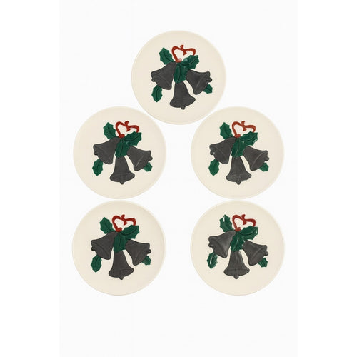 Ceramic Dinner Plates Vintage Handmade Hand-painted 3D Christmas Bells Holly Mallory Ceramics Set of 5 | Mid Century Granny Core Retro
