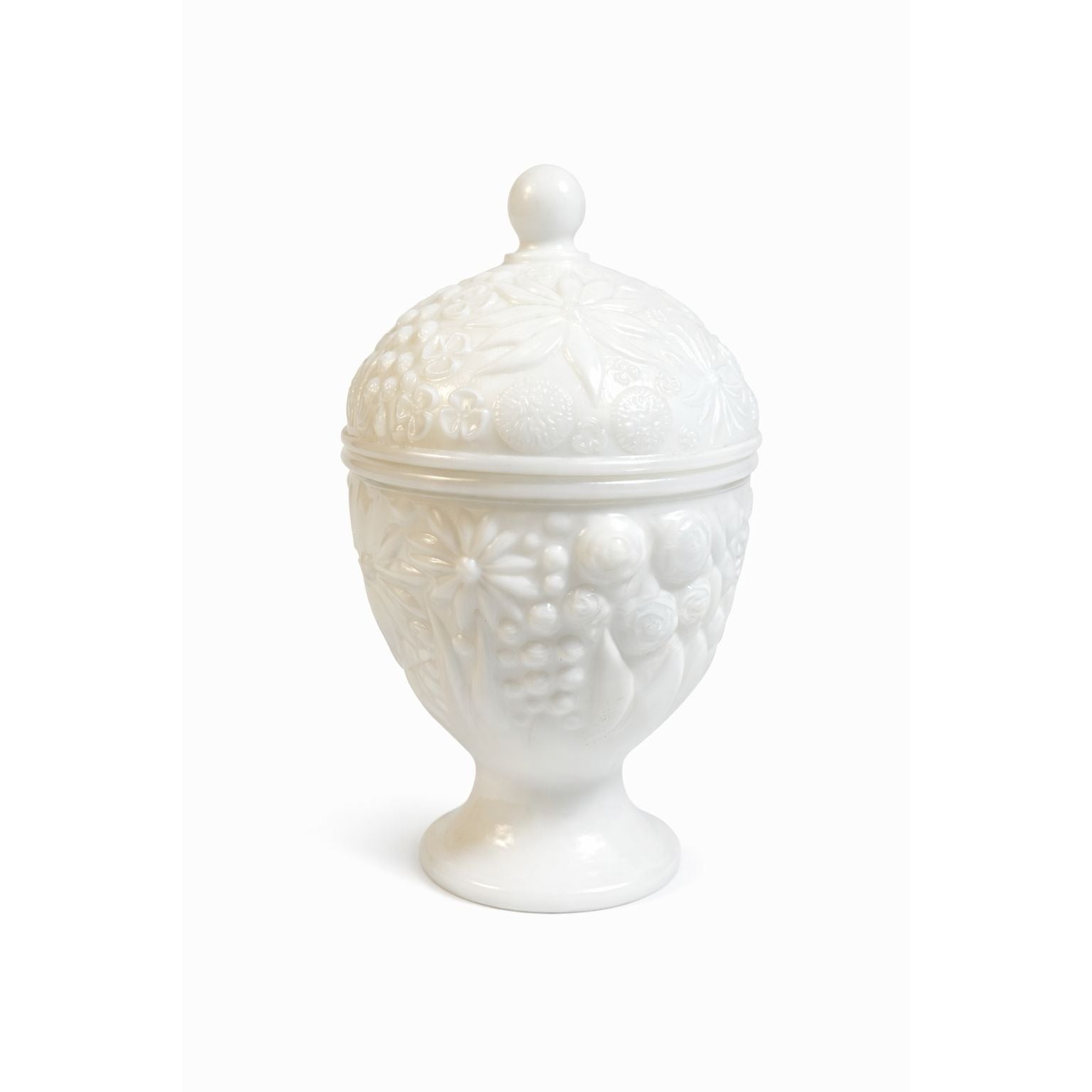 Salt Cellar Jar Compote Candy Dish Lid Egg Shaped Footed Pedestal White Milk Glass Avon Cottage Core Granny Core Raised Flowers Floral