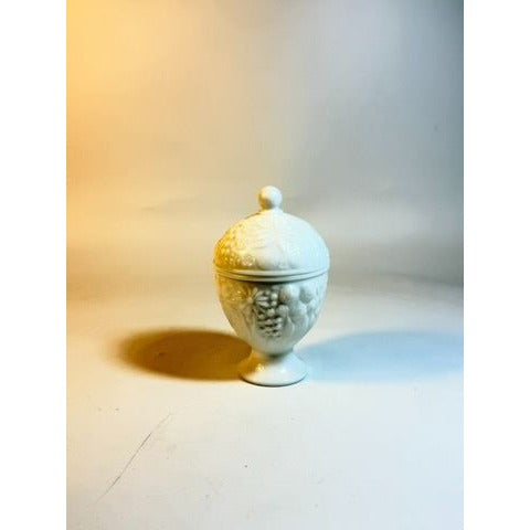 Salt Cellar Jar Compote Candy Dish Lid Egg Shaped Footed Pedestal White Milk Glass Avon Cottage Core Granny Core Raised Flowers Floral