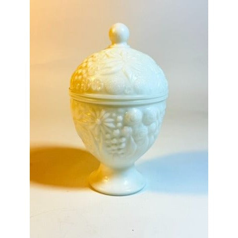 Salt Cellar Jar Compote Candy Dish Lid Egg Shaped Footed Pedestal White Milk Glass Avon Cottage Core Granny Core Raised Flowers Floral