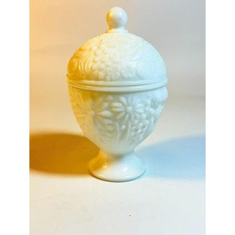 Salt Cellar Jar Compote Candy Dish Lid Egg Shaped Footed Pedestal White Milk Glass Avon Cottage Core Granny Core Raised Flowers Floral