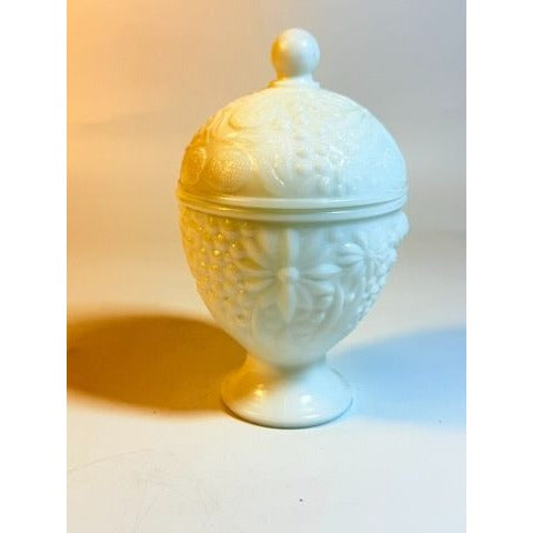 Salt Cellar Jar Compote Candy Dish Lid Egg Shaped Footed Pedestal White Milk Glass Avon Cottage Core Granny Core Raised Flowers Floral