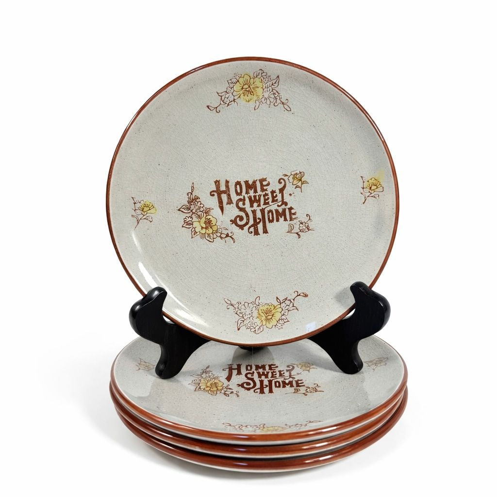 Stoneware Plates Set 4 Home Sweet Home Japan Floral Specked Dessert Salad Vintage Farmhouse Country Cottage Granny Core Pottery Ceramic