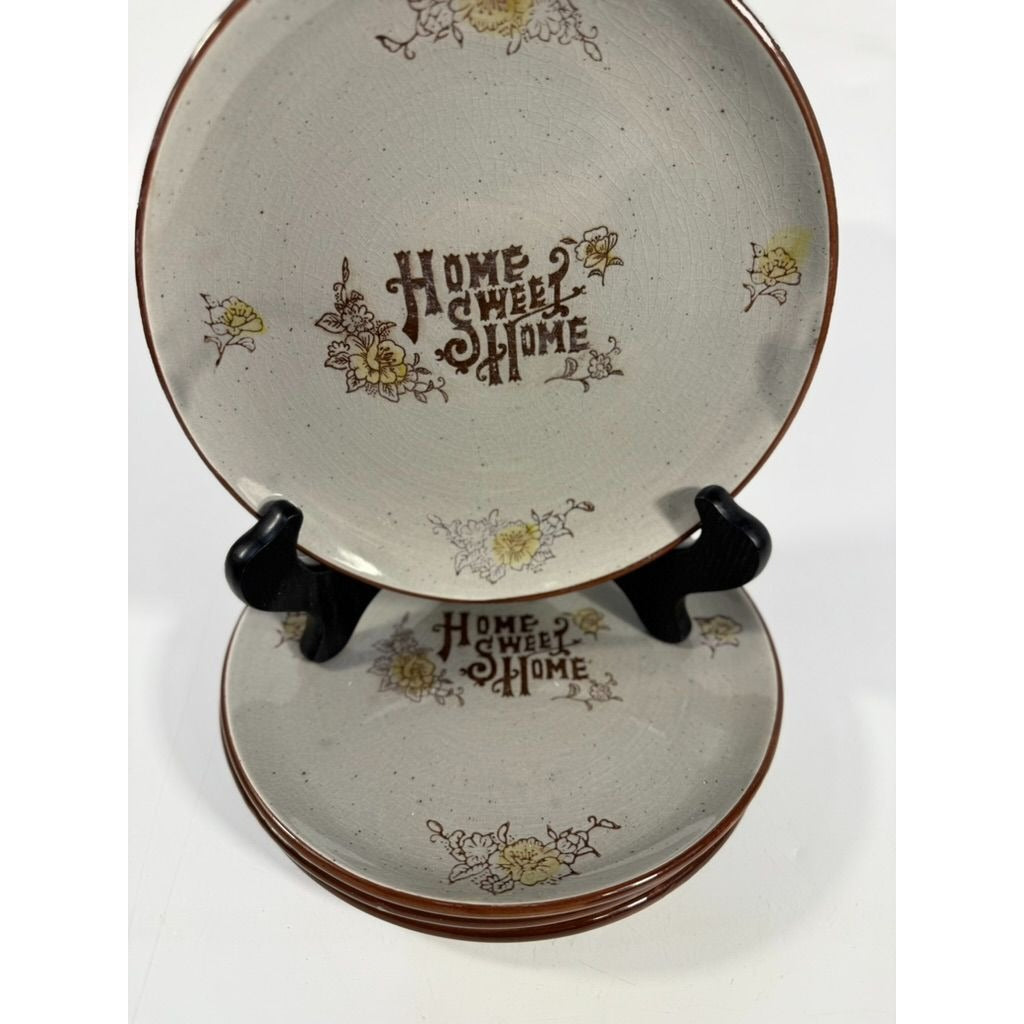 Stoneware Plates Set 4 Home Sweet Home Japan Floral Specked Dessert Salad Vintage Farmhouse Country Cottage Granny Core Pottery Ceramic