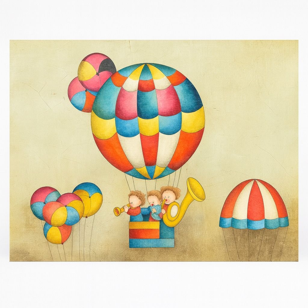 Large Oil Painting Children Playing Instruments in a Hot Air BalloonVintage 1970s Joy Roybal Signed Framed Nursery Home Decor Wall Art