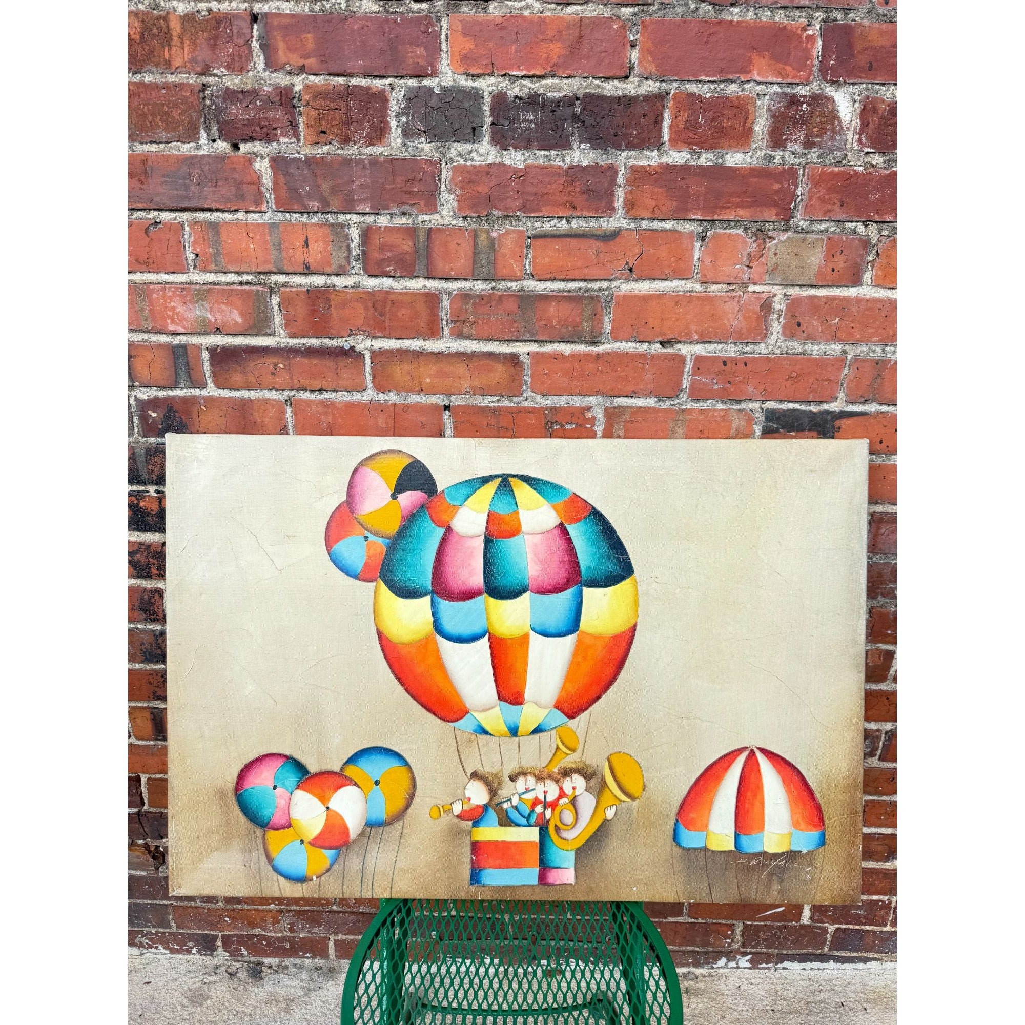 Large Oil Painting Children Playing Instruments in a Hot Air BalloonVintage 1970s Joy Roybal Signed Framed Nursery Home Decor Wall Art