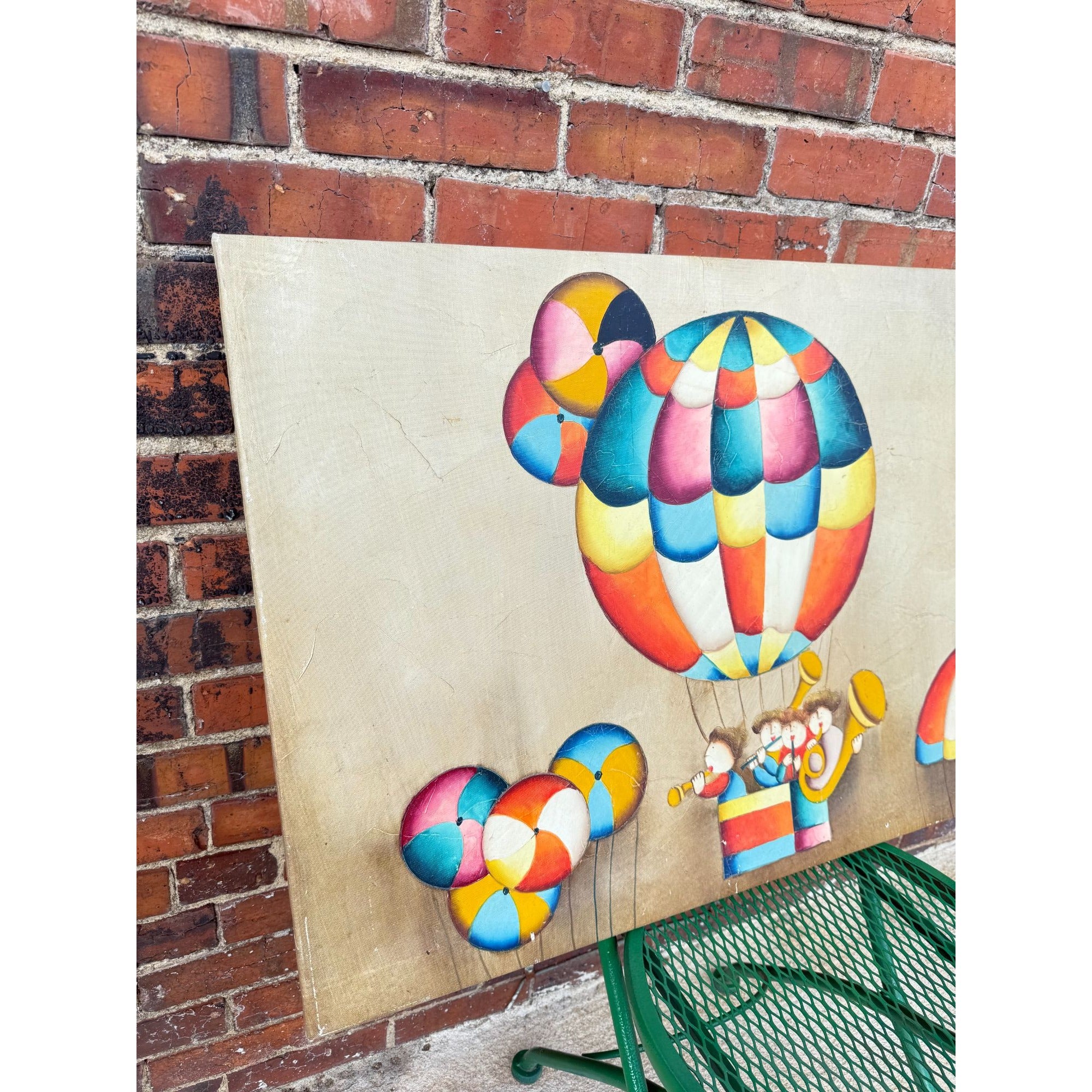 Large Oil Painting Children Playing Instruments in a Hot Air BalloonVintage 1970s Joy Roybal Signed Framed Nursery Home Decor Wall Art