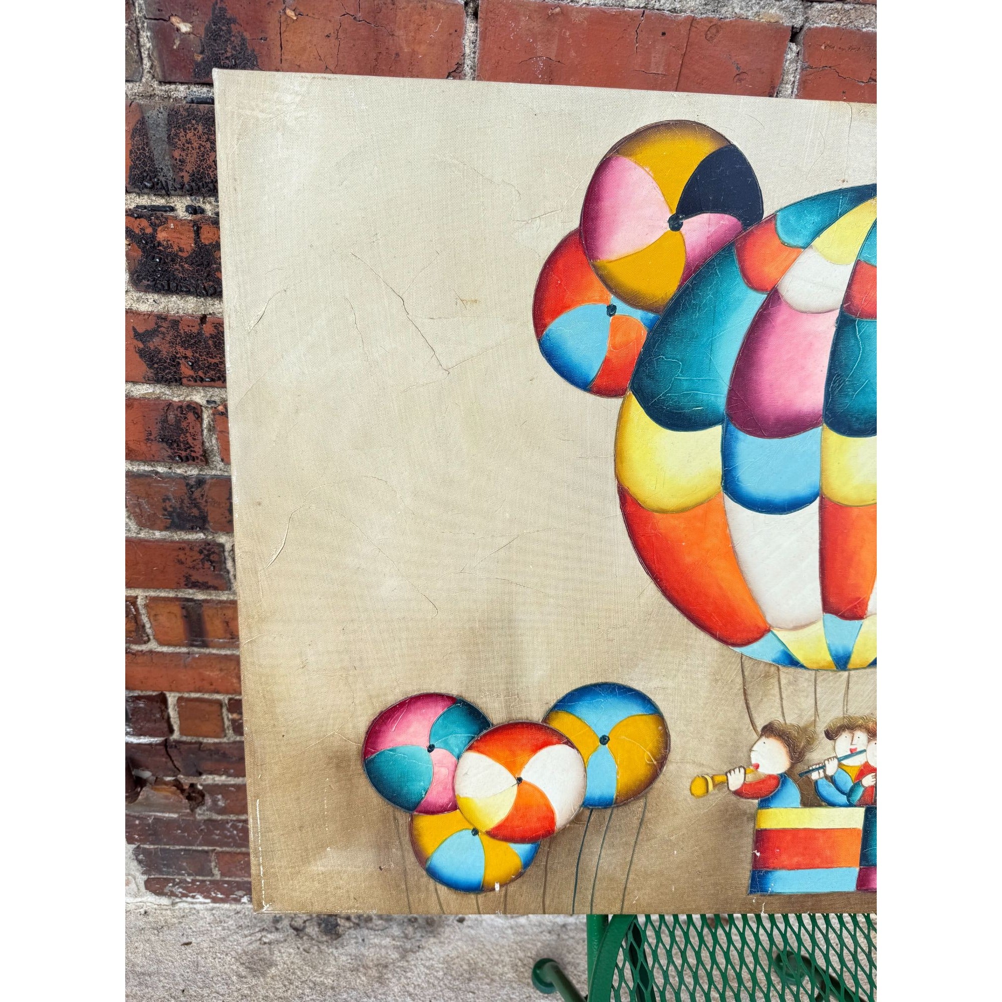Large Oil Painting Children Playing Instruments in a Hot Air BalloonVintage 1970s Joy Roybal Signed Framed Nursery Home Decor Wall Art