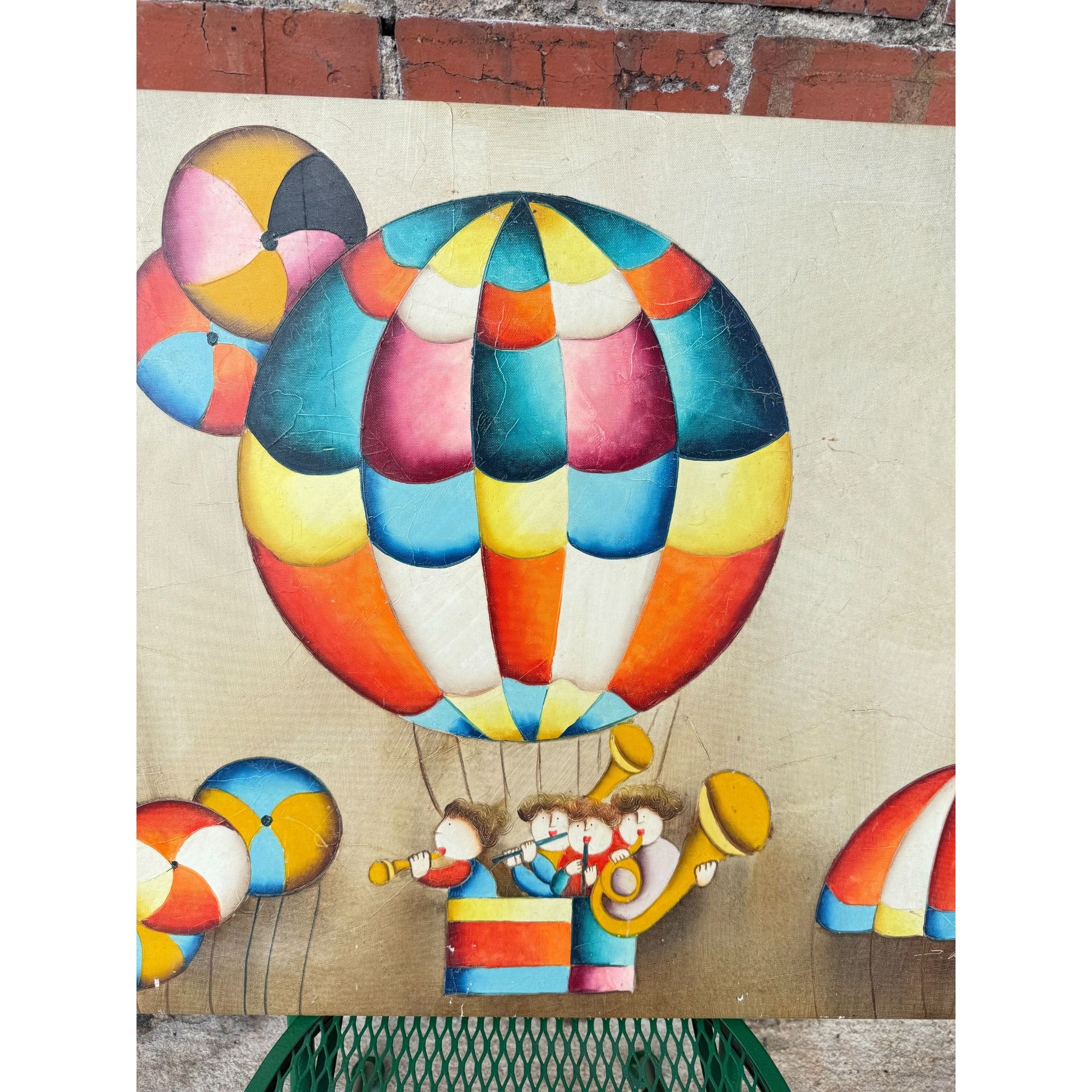 Large Oil Painting Children Playing Instruments in a Hot Air BalloonVintage 1970s Joy Roybal Signed Framed Nursery Home Decor Wall Art