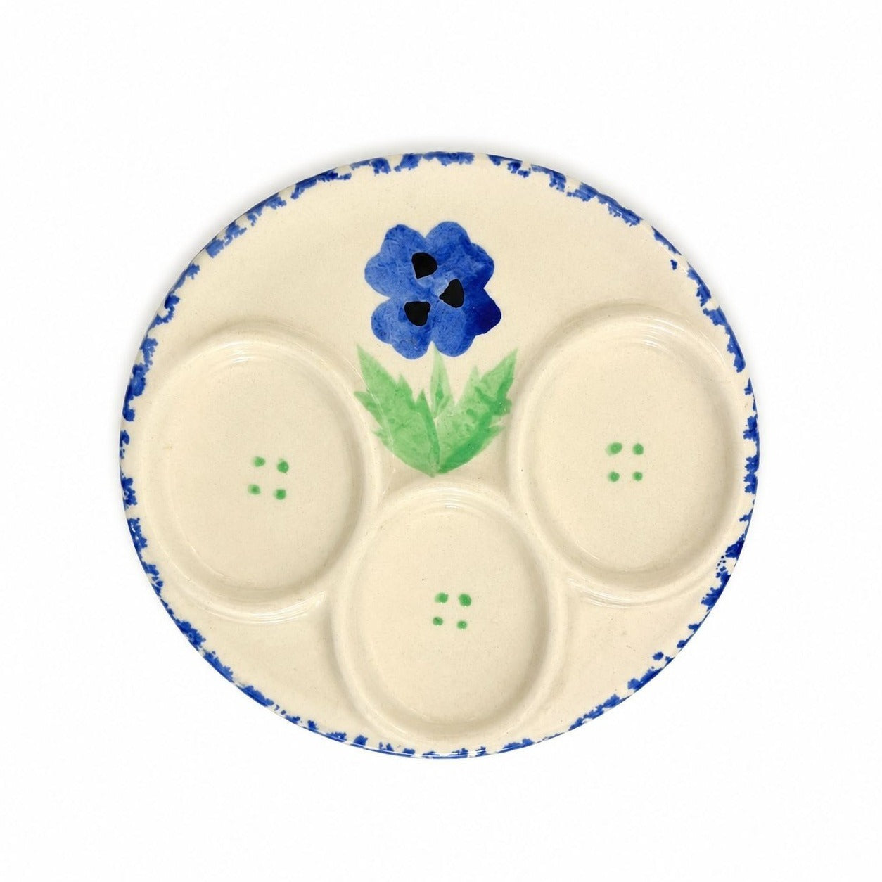 Mini Deviled Egg Tray Ceramic Hand Painted Spongeware Flowers Vintage Cottage Granny Core Farmhouse 3 egg Holder