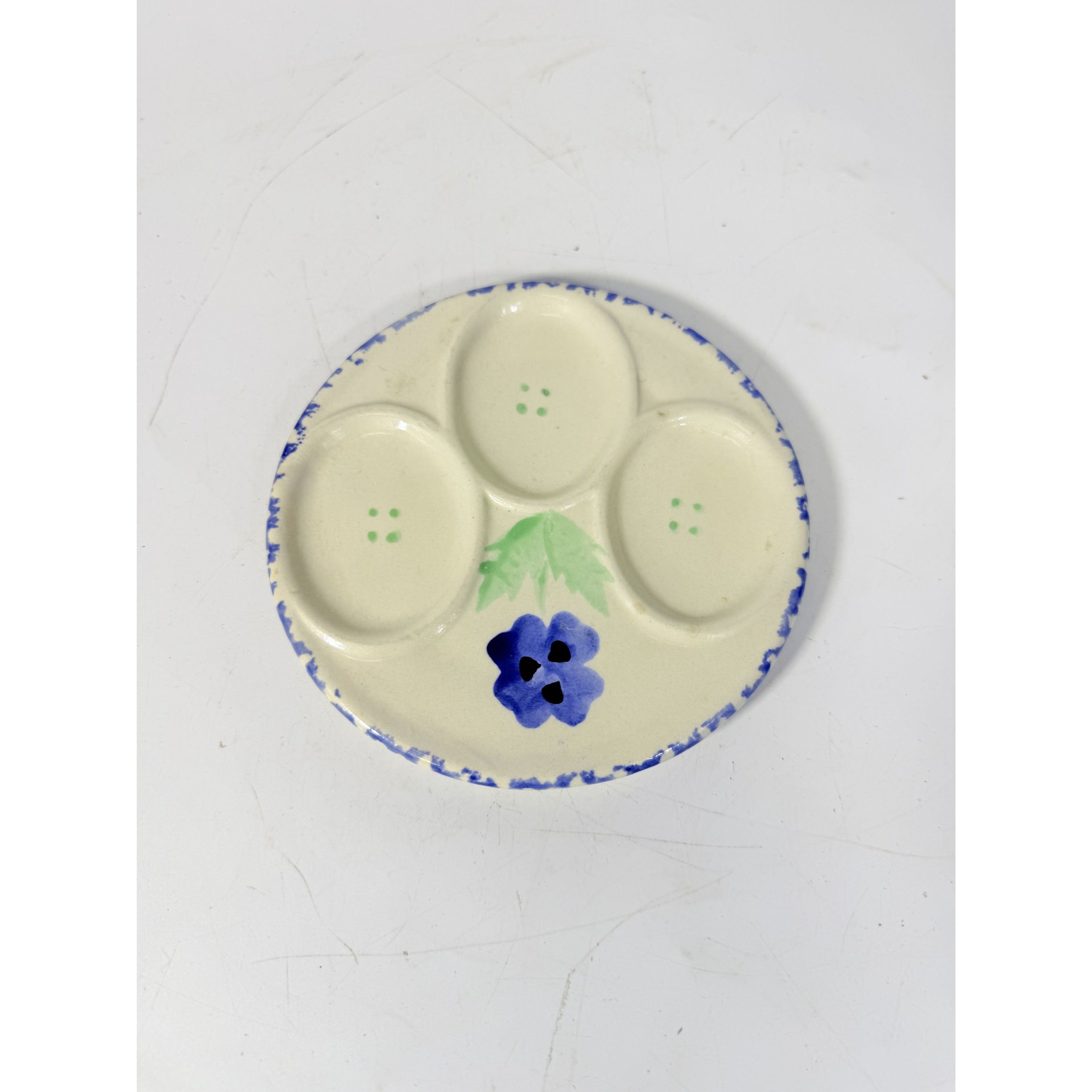 Mini Deviled Egg Tray Ceramic Hand Painted Spongeware Flowers Vintage Cottage Granny Core Farmhouse 3 egg Holder