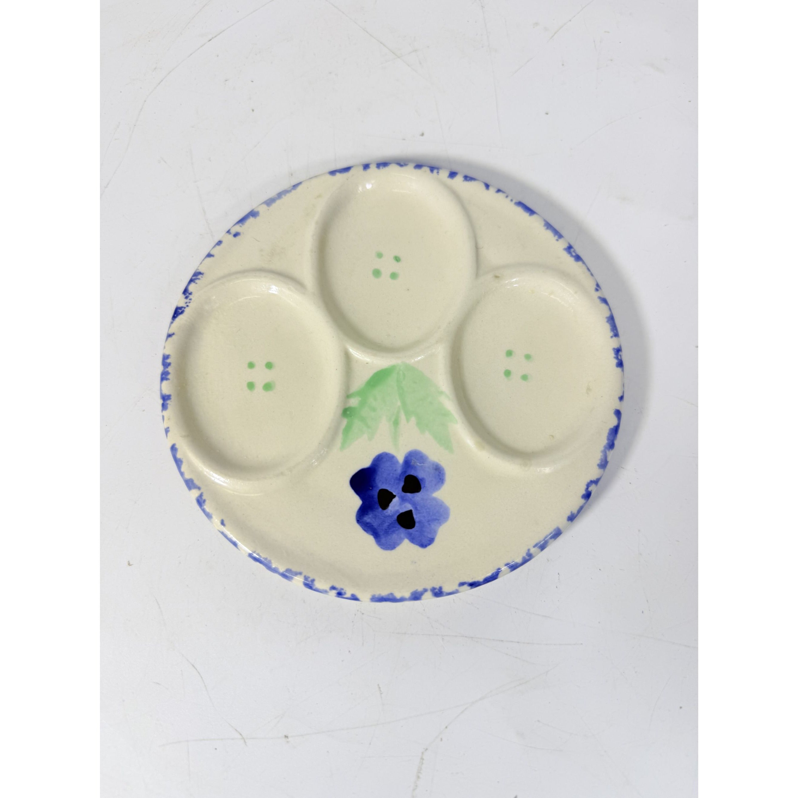 Mini Deviled Egg Tray Ceramic Hand Painted Spongeware Flowers Vintage Cottage Granny Core Farmhouse 3 egg Holder