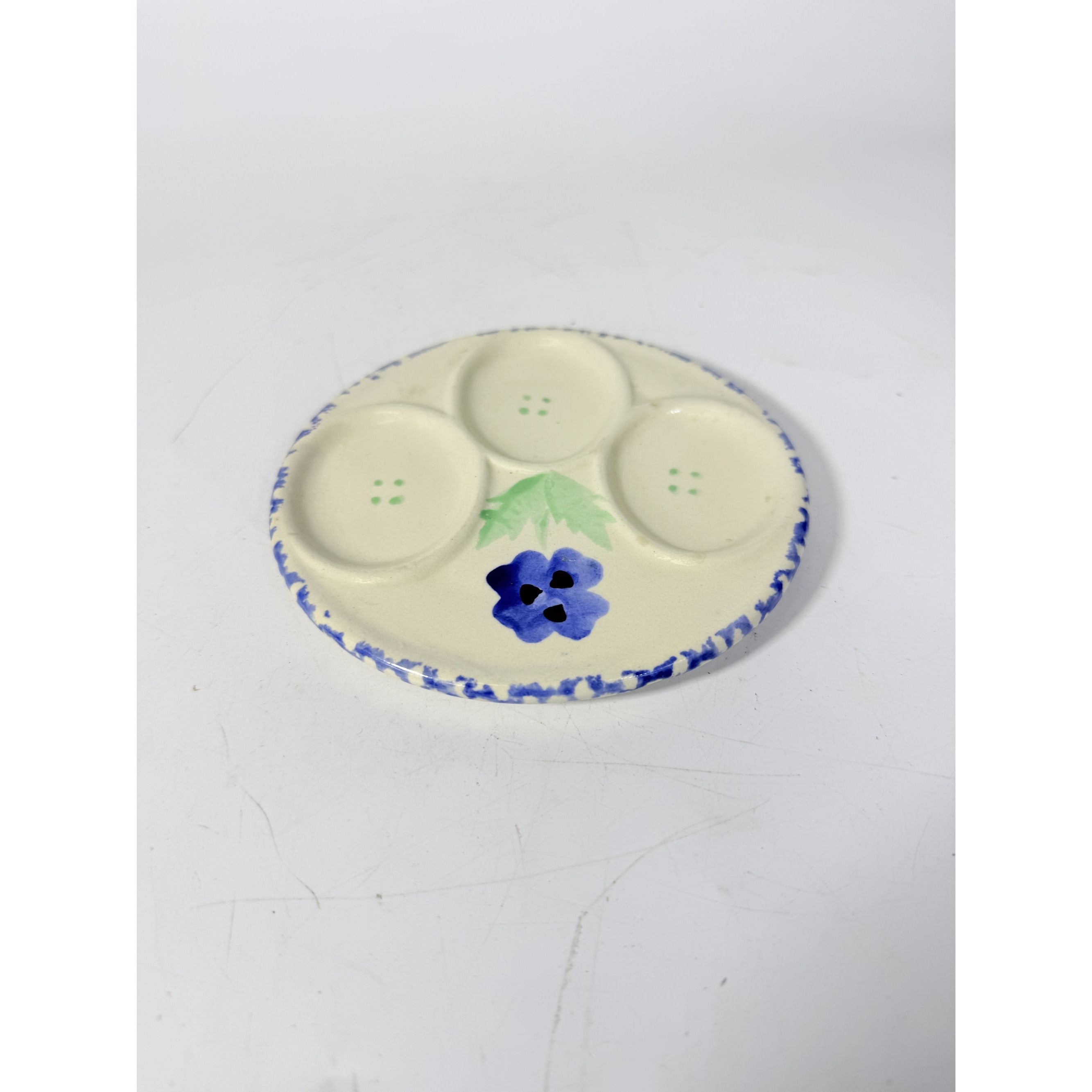 Mini Deviled Egg Tray Ceramic Hand Painted Spongeware Flowers Vintage Cottage Granny Core Farmhouse 3 egg Holder