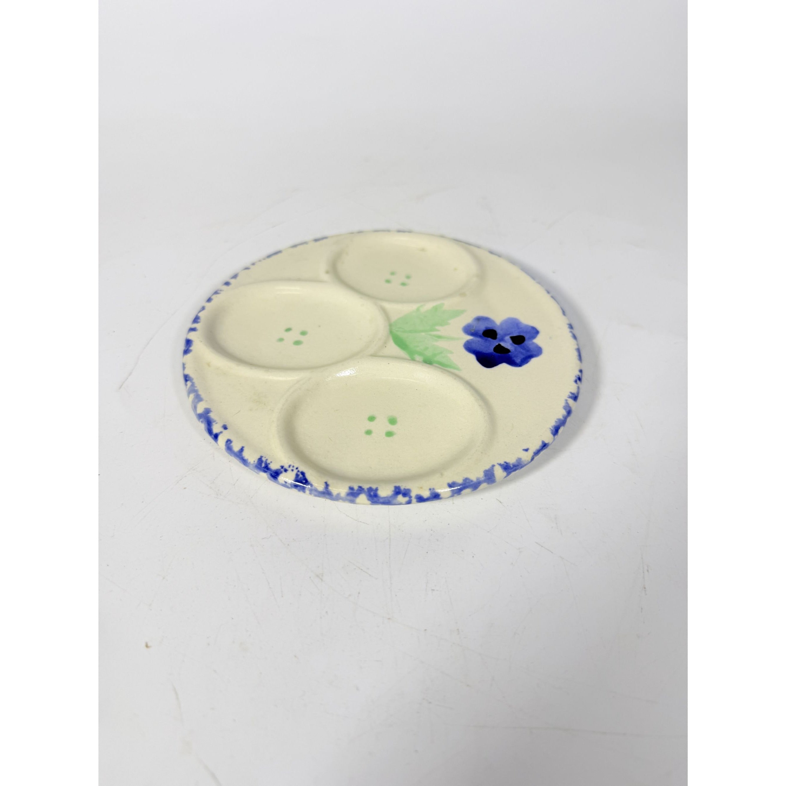 Mini Deviled Egg Tray Ceramic Hand Painted Spongeware Flowers Vintage Cottage Granny Core Farmhouse 3 egg Holder