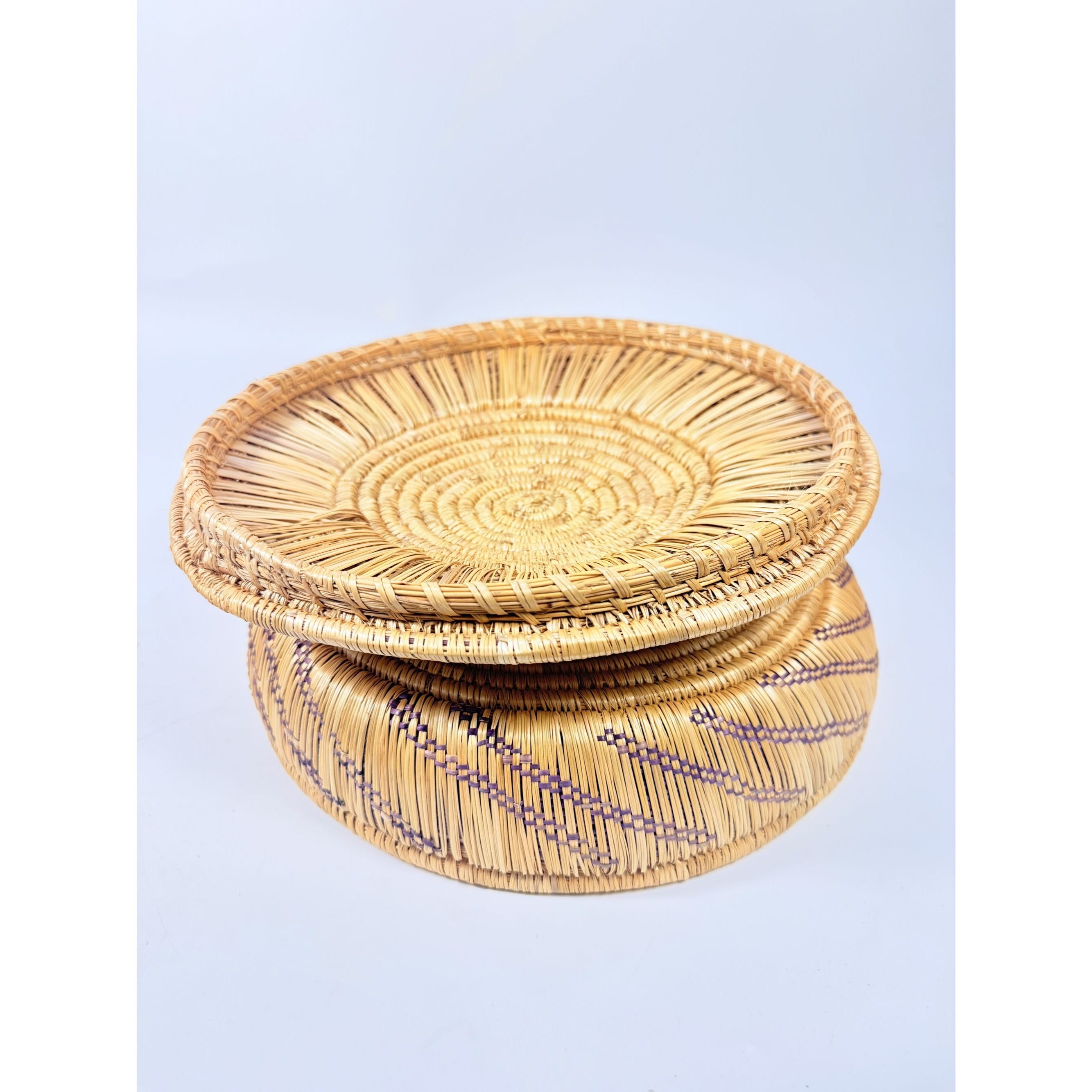 Coil Basket Thick Hand Woven Natural Fibers Dye Colors Lidded Tribal Native Storage Centerpiece Coffee Tabl eBoho Hand Made Home