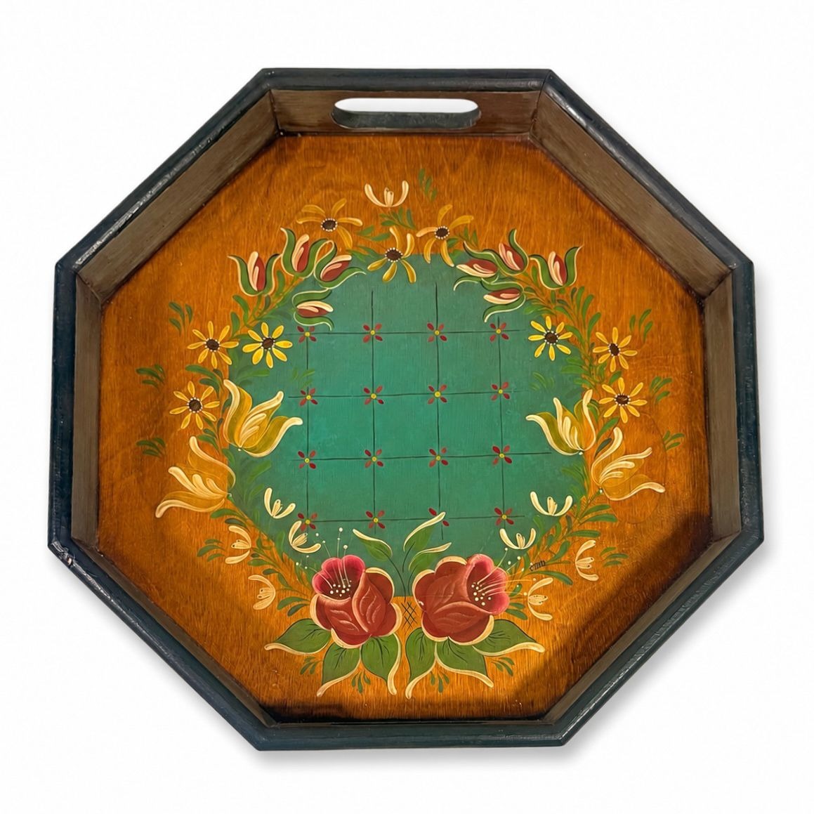 Folk Art Wooden Handled Serving Tray Hand Painted Floral Vintage Country Primitive Farmhouse Signed Wood Granny Core Gallery Wall Platter